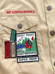 VTG. SIZE 14 BOY SCOUTS of AMERICA SHIRT w/ COMMEMORATIVE PATCHES & WEBELO SCARF