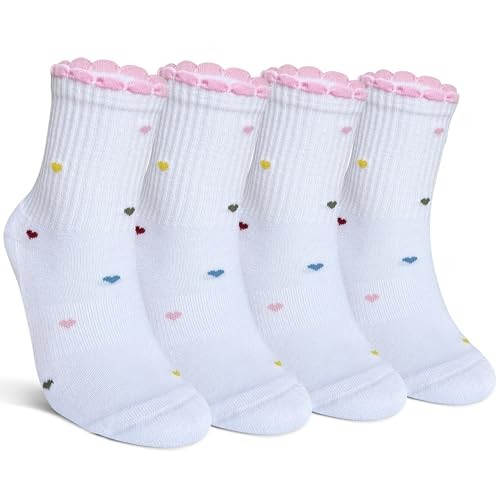 Ruffle Ankle Crew Socks School Uniform 8-11 Years 4 Pairs White With Hearts