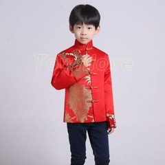 Chinese Tang Suit Red Clothing for Kids Boy Hanfu Top Dragon Print Party Stage