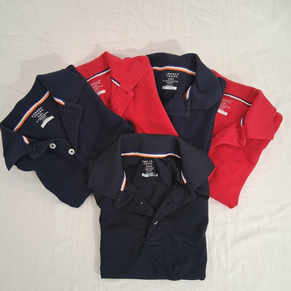 5 French Toast Uniform Unisex Polo Shirts Pique Performance Red Navy Sz S 6/7