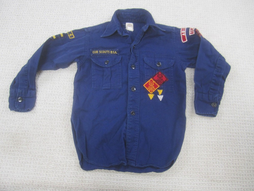 Vintage Cub Scouts BSA Shirt Boys Small Blue Official Uniform Patches 60s