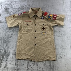 Vintage Boy Scouts Of America Shirt Youth Large Tan Uniform Patches USA 2000s