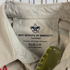 Boy Scouts Of America Shirt Boys Medium 10-12 Tan Uniform Short Sleeve Patches