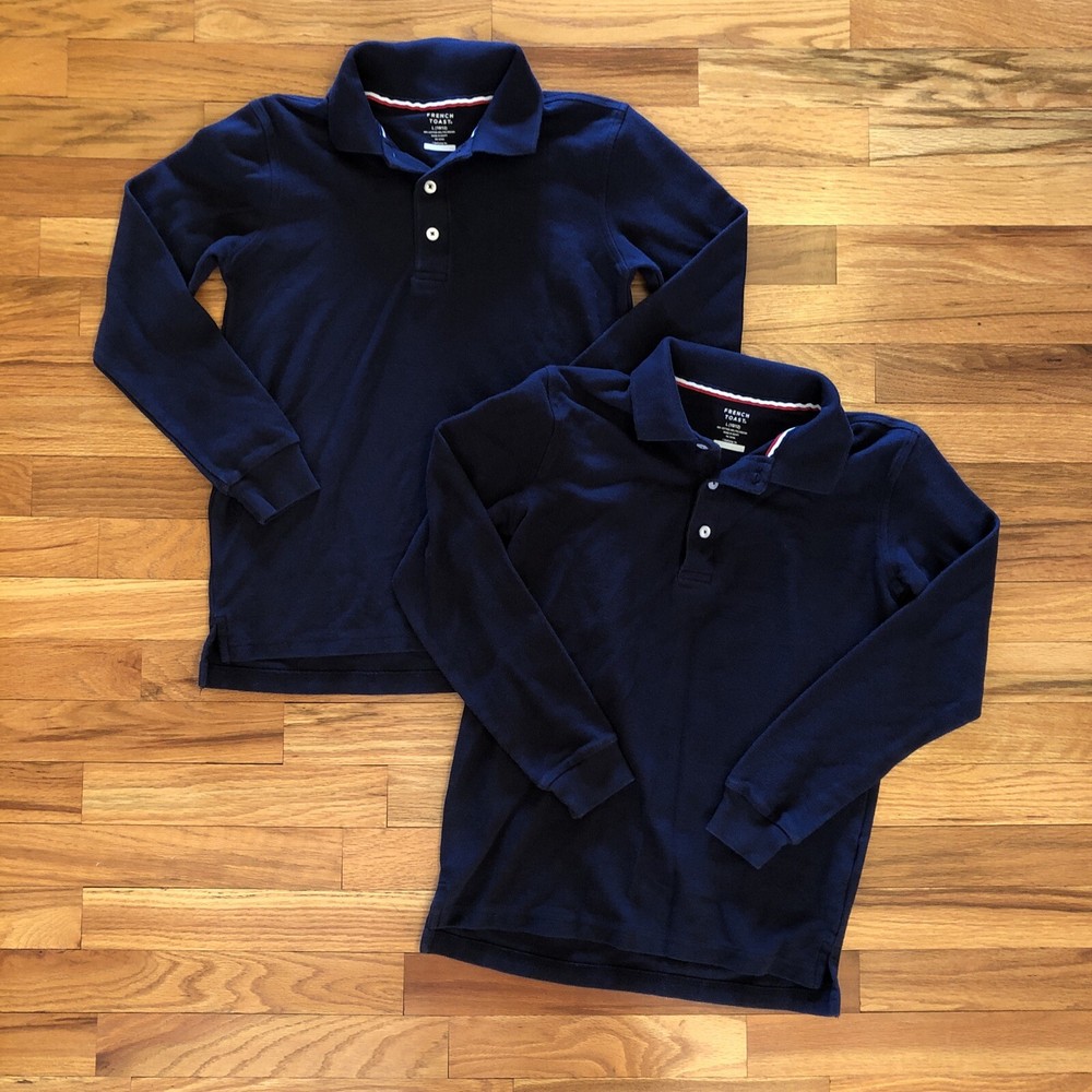 French Toast Boys Uniform Polo Shirt Large 10/12 Blue Long Sleeve Lot Of 2