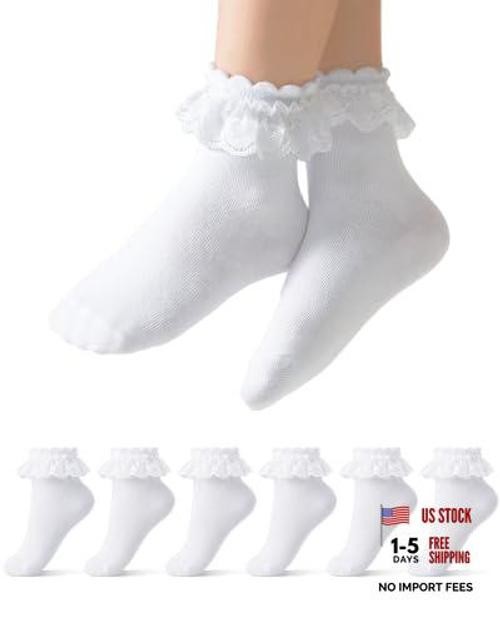 Funjoon Girls White Ruffle Socks Toddler Girls Lace 8-10 Years 6 Pack White