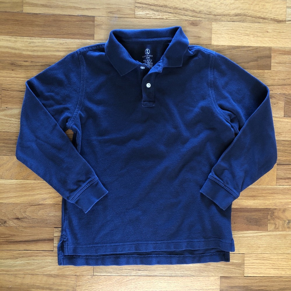 Lands End Boys Uniform Polo Shirt Medium 10/12 Blue Long Sleeve