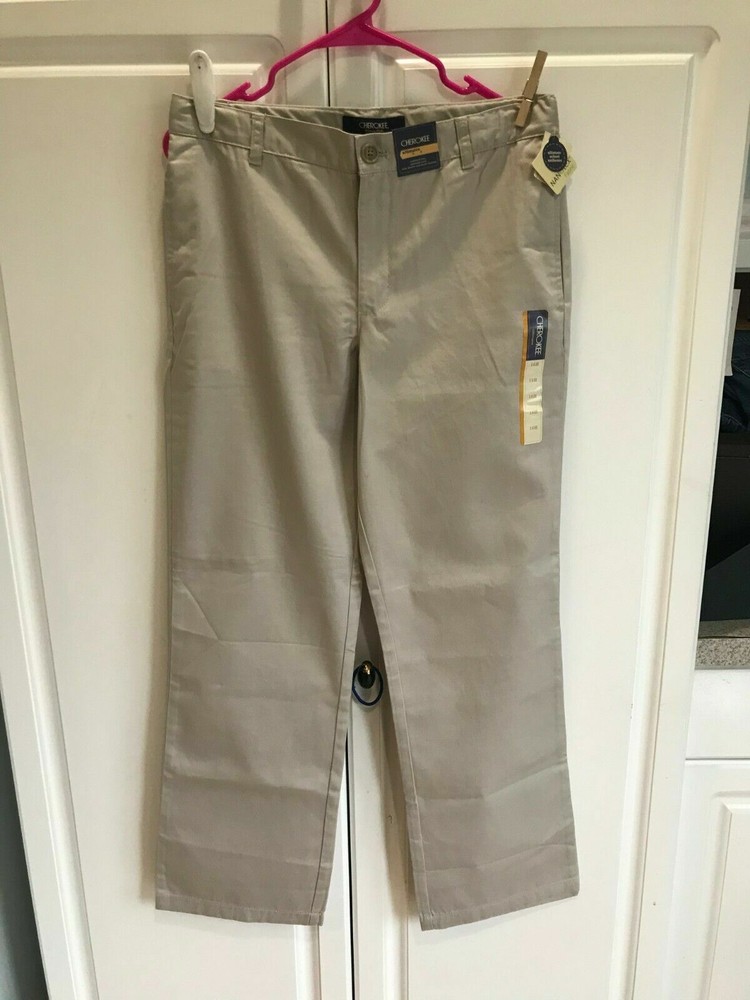 2-New Boys Cherokee Uniform Pants Size 16 Husky Adjustable Waist Oyster Color