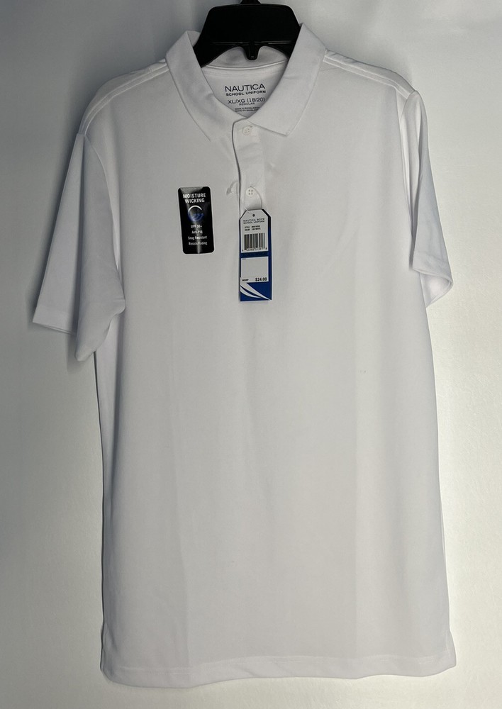 NWT Nautica School Uniform Performance White SS Polo, Big Boy’s XL 18/20 New