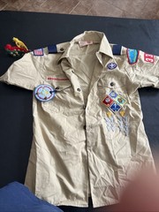 VTG BSA Boys Youth LG Uniform Shirt Tan East Texas. Patches, Pins
