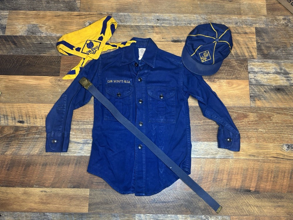 VTG Cub Scouts Blue Gold BSA Uniform Shirt Hat Belt Scarf Youth 1960s Atomic Era