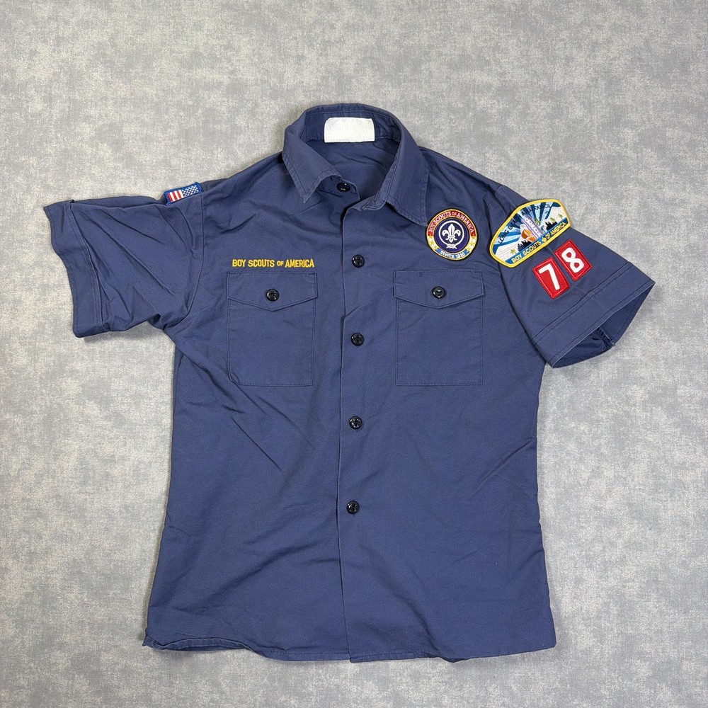 Boy Scouts Of America Shirt Youth Medium Blue Short Sleeve Uniform Patches BSA