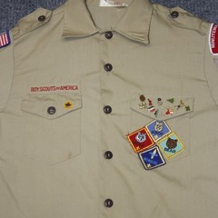 Vintage Boy Scouts of America Shirt Youth L Tan Patches Pins Minuteman Council