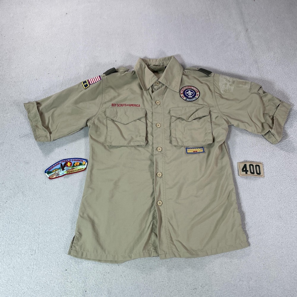 Boy Scouts Of America Shirt Youth Medium Beige Uniform Patches 100 Years 2010