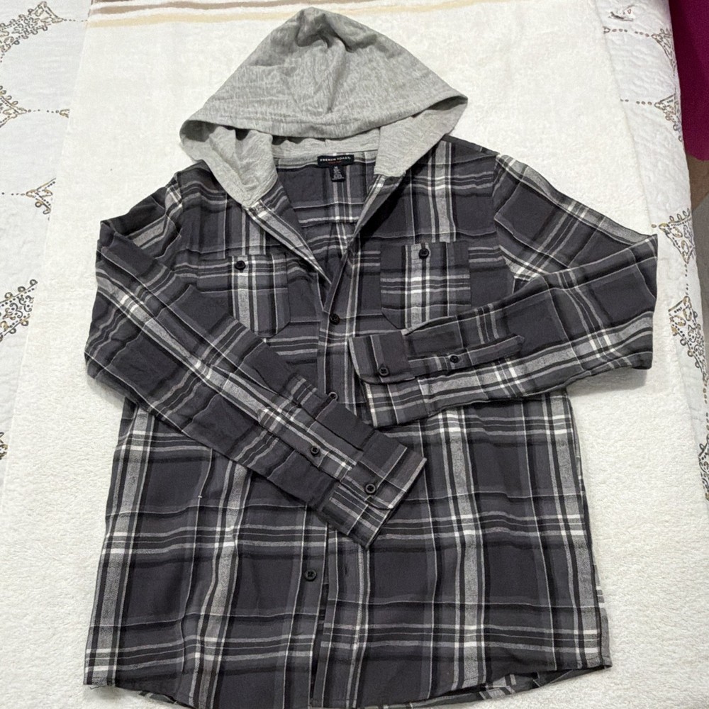 French Toast Boys Hooded Plaid Button-Front Shirt Gray Size 16 Long Sleeve