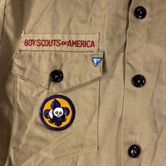 Boy Scouts BSA Cub Scouts Shirt Youth Large Tan Long Sleeve Uniform Patch Stains