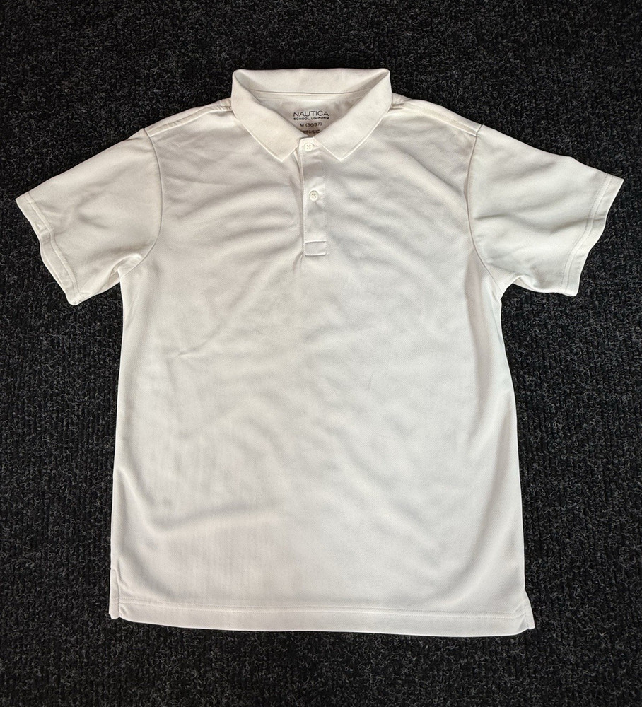 Nautica Boys School Uniform White Short Sleeve Polo Shirt Pique Size M 36/37