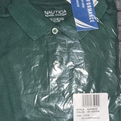 Nautica Boys Hunter Green Polo Shirt Uniform L (14/16) Knit Stretch Short Sleeve