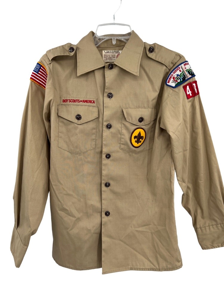 Boy Scouts Of America BSA Tan Long Sleeve Uniform Shirt + Patches Youth Size 16