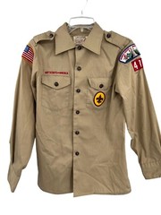 Boy Scouts Of America BSA Tan Long Sleeve Uniform Shirt + Patches Youth Size 16