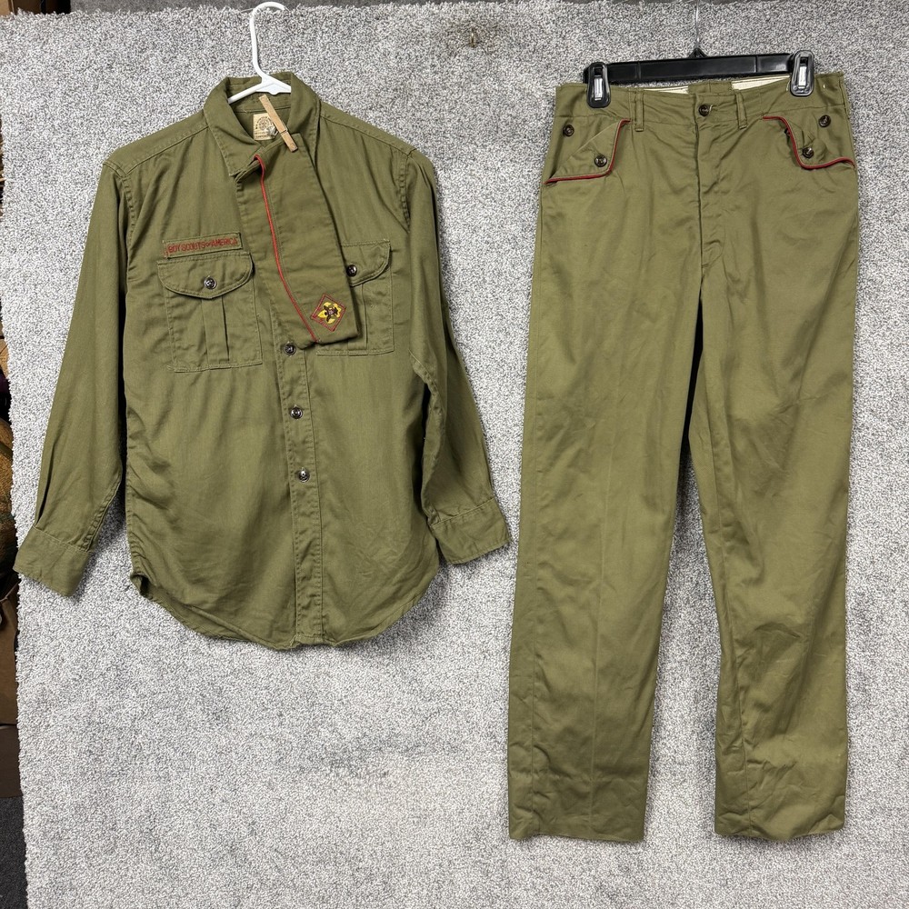 Vintage Boy Scouts Of America Shirt Pants Hat Set Boys 14 Green Uniform Twill