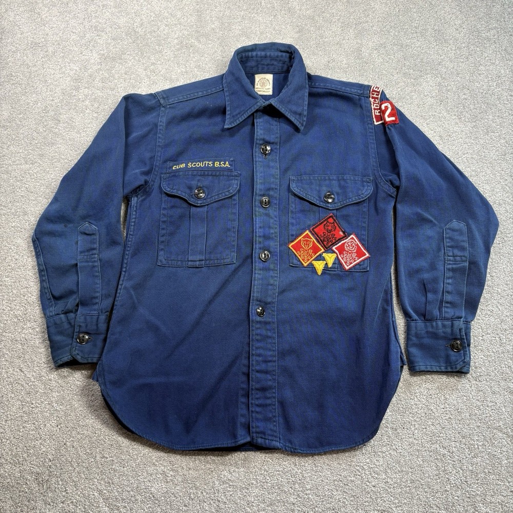 1960s Boy Scouts Of America Sanforized Uniform Shirt Navy Blue Patches NY VTG