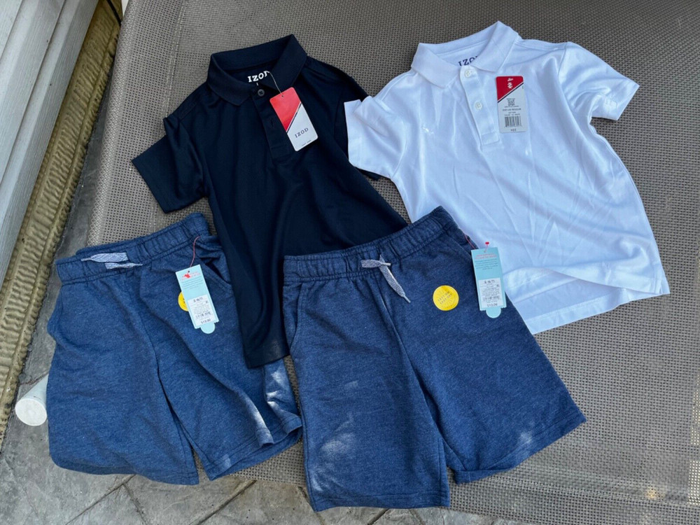 NWT Lot of 4 2xBoys Short sleeve PERFORMANCE Polo Shirts, 2xShorts Uniform 6
