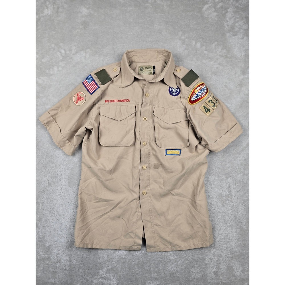 Boy Scouts of America Shirt Youth L Tan Vented Short Sleeve Patches Las Vegas