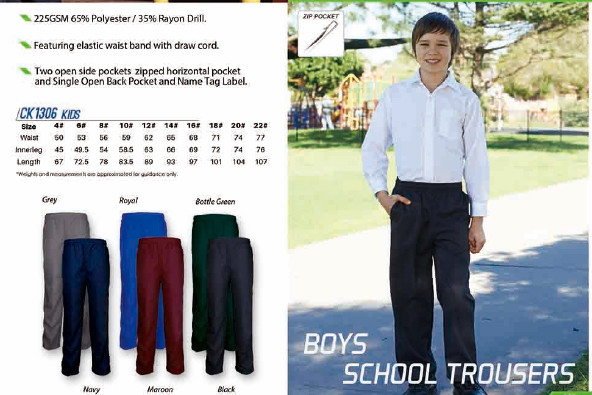 Kids Boy’s Rayon Drill School Trousers Pants Size 4 6 8 10 12 14 16 18 20 22