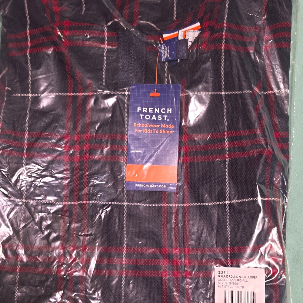 French Toast Boys Size 6 School Uniform Jumper, Navy/Red Plaid