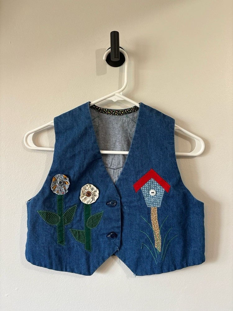 Vintage Kid’s Denim Homemade Vest Cat Birdhouse Appliqué Homemade Adorable 8/10