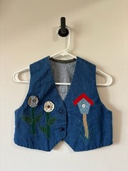 Vintage Kid’s Denim Homemade Vest Cat Birdhouse Appliqué Homemade Adorable 8/10