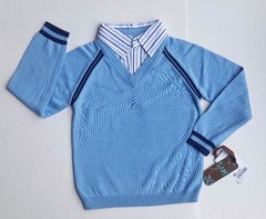 New w. Tag Light Blue Navy Blue Collar Knit Uniform Sweater School Boys Size 5-7