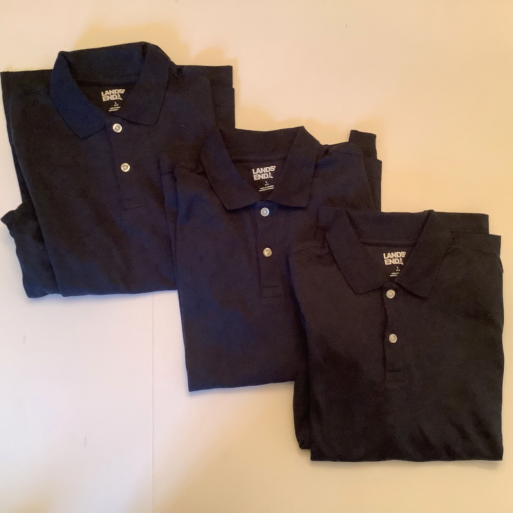 3 Lands End Boys L 10-12 Navy Long Sleeve Polo Shirt Uniform 100% Cotton NEW