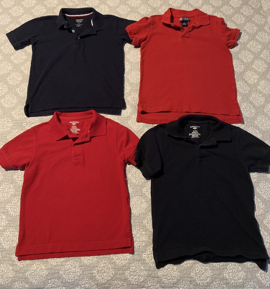Boys Size 7/7X School Uniform Polo Shirts Short Sleeve, 4 Shirts, Navy & Red