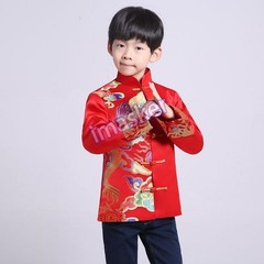 Chinese Tang Suit Red Clothing for Kids Boy Hanfu Dragon Print Party Top Stage