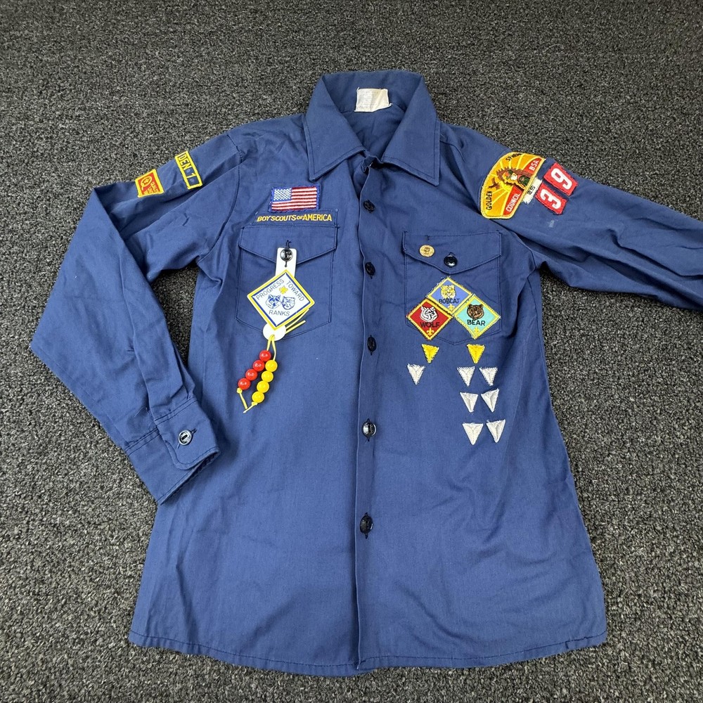 Boy Scouts Of America Shirt Boys 14 Blue Uniform Polycotton Patches Long Sleeve