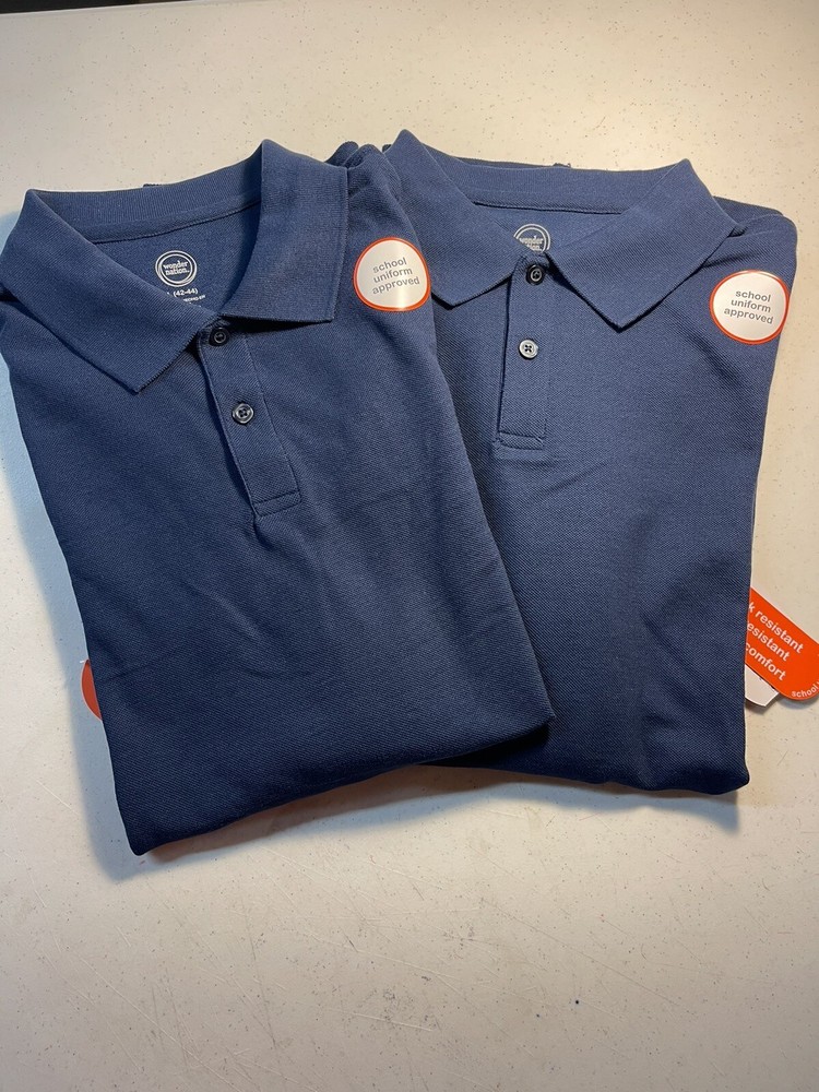 Lot Of 2 Wonder Nation L (42-44) Young Mens SS Polo Blue School Uniform