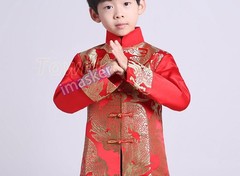 Chinese Tang Suit Red Clothing for Kids Boy Hanfu Dragon Print Party Top Stage