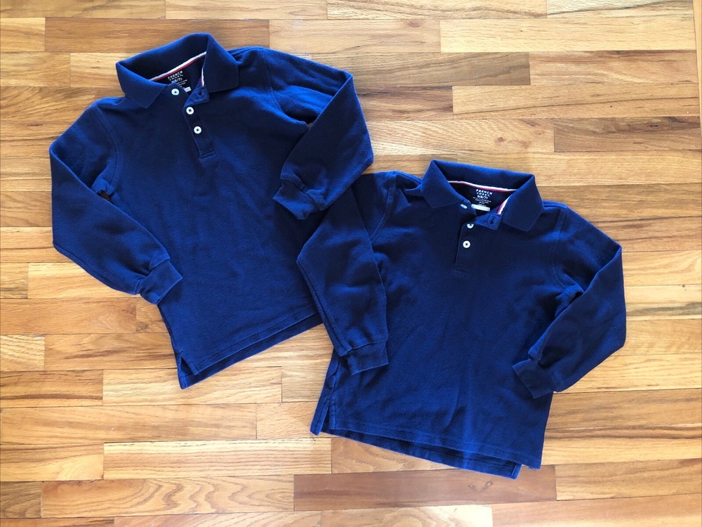 French Toast Boys Uniform Polo Shirt Small 6/7 Blue Long Sleeve Lot Of 2