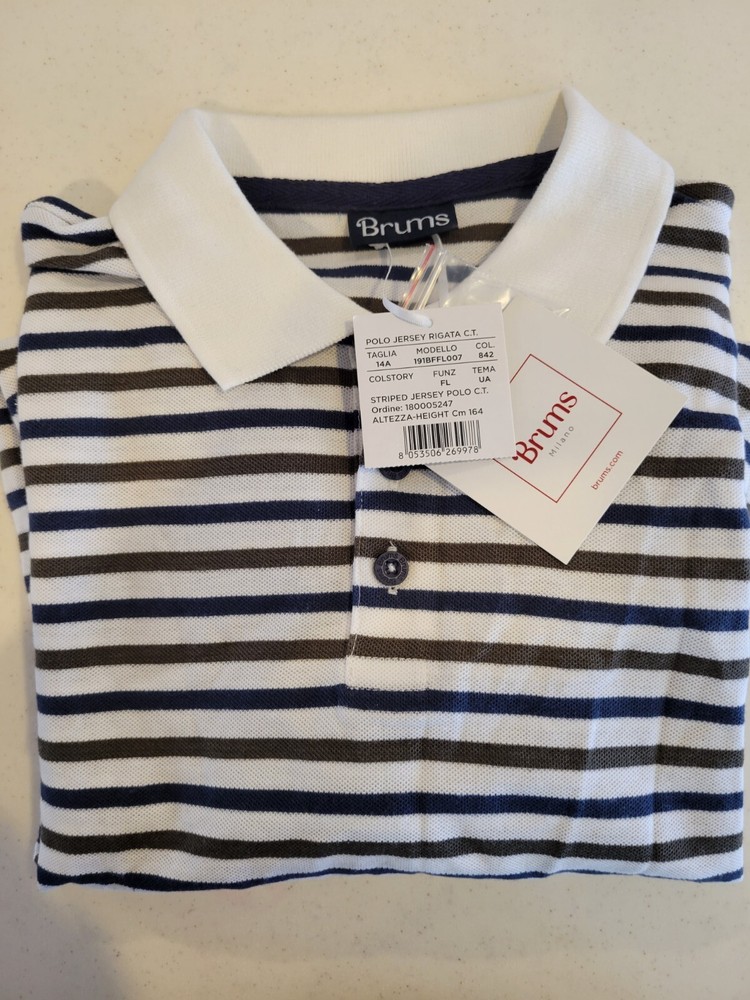 Brums Milano Uniform Polo White/brown/navy Stripe Shirt Size 14 NWT long-sleeved