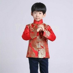 Chinese Tang Suit Red Clothing for Kids Boy Hanfu Top Dragon Print Party Stage
