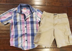 Chaps Boys Khaki Flat Front Shorts 8 Plaid Button Dress Shirt 4 5