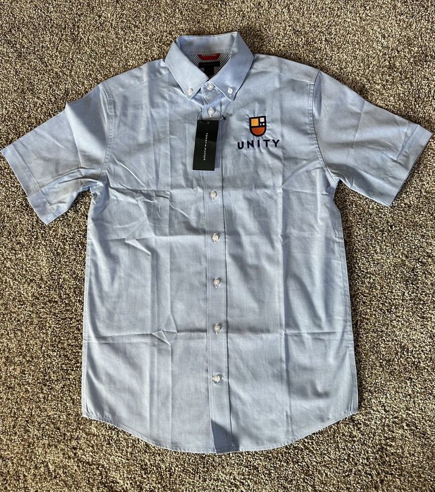 NWT Tommy Hilfiger Boys Blue SS Button Up School Uniform Dress Shirt, Unity Prep