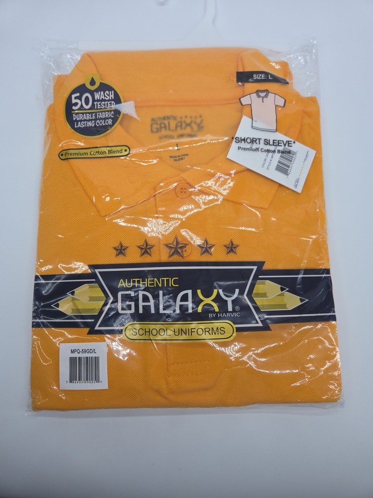 New Mens Large Authentic Galaxy School Uniform Polo Shirt Short Sleeve Gold