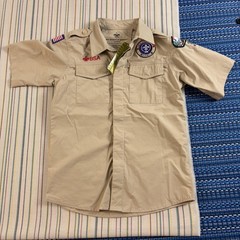 Boy Scouts Of America Shirt Boys Medium 10-12 Tan Uniform Short Sleeve Patches