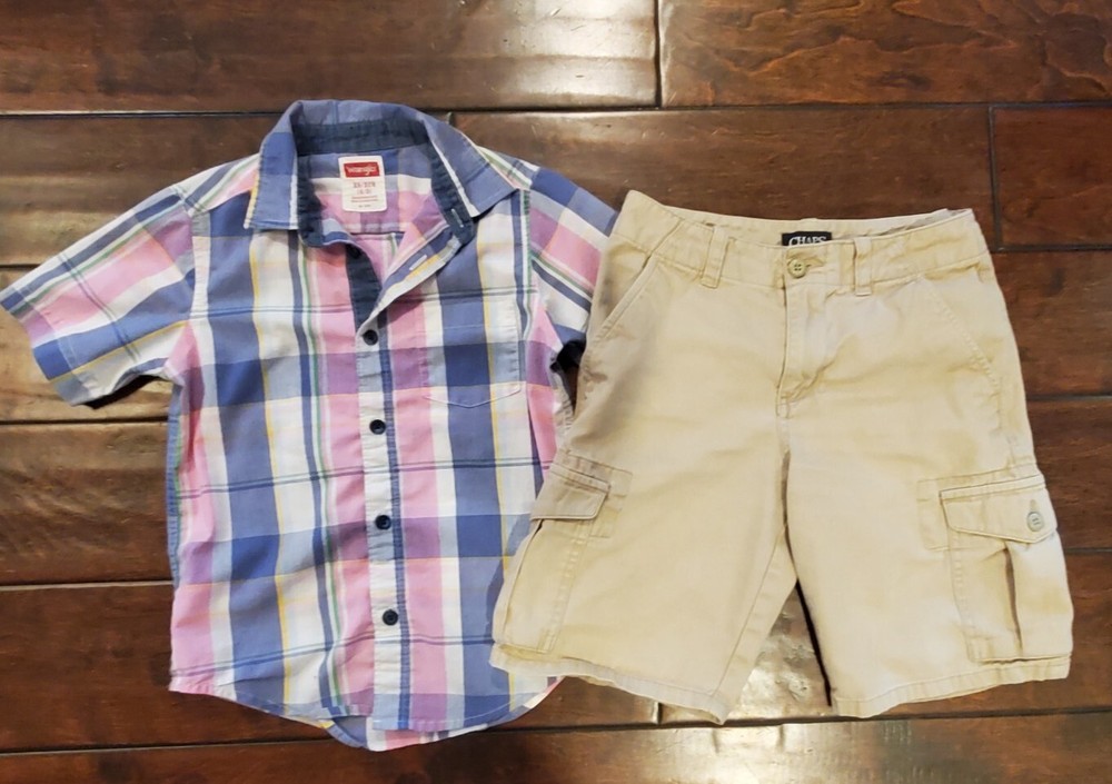 Chaps Boys Khaki Flat Front Shorts 8 Plaid Button Dress Shirt 4 5