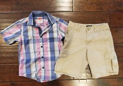 Chaps Boys Khaki Flat Front Shorts 8 Plaid Button Dress Shirt 4 5