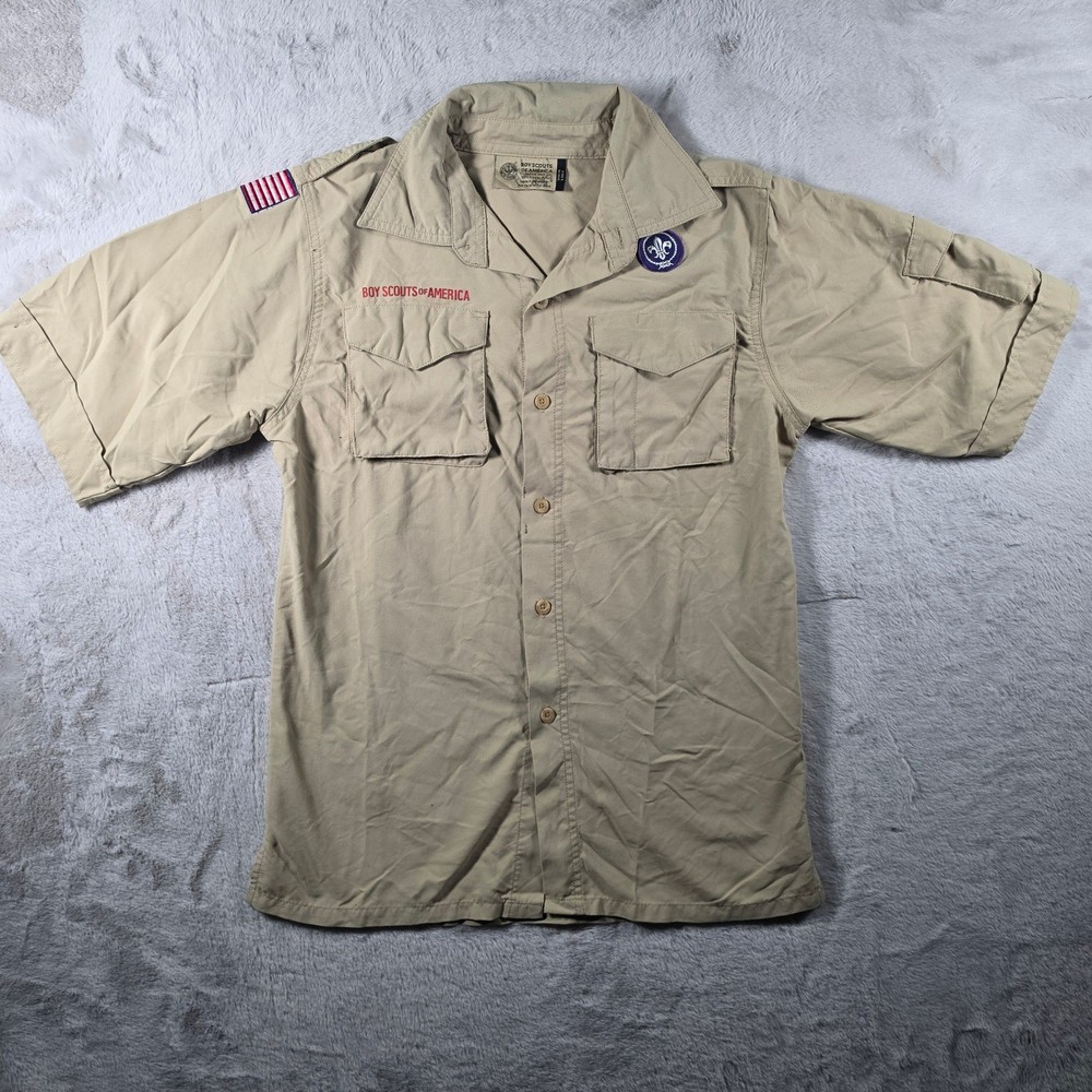 Boy Scouts of America Uniform Shirt Youth Large Tan Supplex Nylon Short Sleeve