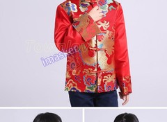 Chinese Tang Suit Red Clothing for Kids Boy Hanfu Dragon Print Party Top Stage