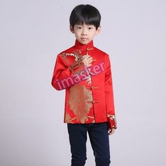 Chinese Tang Suit Red Clothing for Kids Boy Hanfu Dragon Print Party Top Stage